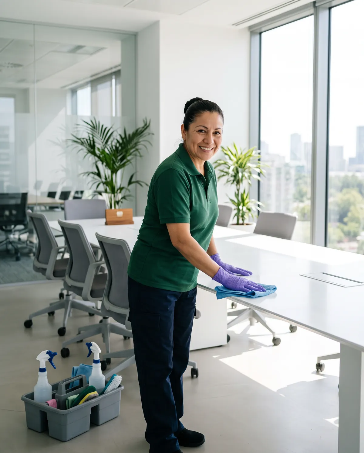 A cleaner in a green polo wiping a conference table in a bright office